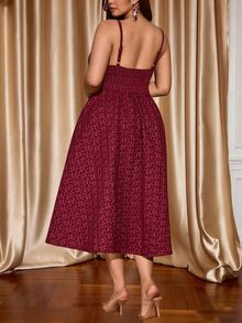 Auvina Plus Size Women's V-Neck Spaghetti Strap Cinched Waist A-Line Elegant Party Textured Fabric Dress - Burgundy - View 2