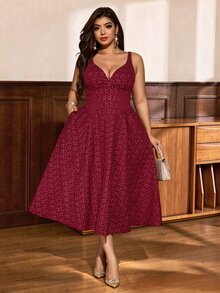 Auvina Plus Size Women's V-Neck Spaghetti Strap Cinched Waist A-Line Elegant Party Textured Fabric Dress - Burgundy - View 4