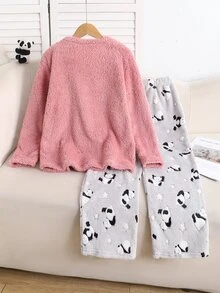 SHEIN Tween女孩可愛熊貓刺繡印花長袖褲子，保暖內裡加厚舒適居家服 - 彩色 - 查看 5