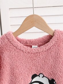 SHEIN Tween女孩可愛熊貓刺繡印花長袖褲子，保暖內裡加厚舒適居家服 - 彩色 - 查看 6