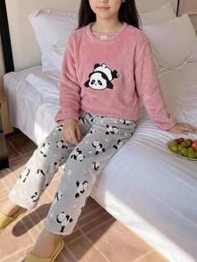 SHEIN Tween女孩可愛熊貓刺繡印花長袖褲子，保暖內裡加厚舒適居家服 - 彩色 - 查看 2