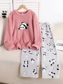 SHEIN Tween女孩可愛熊貓刺繡印花長袖褲子，保暖內裡加厚舒適居家服 - 彩色 - 查看 4