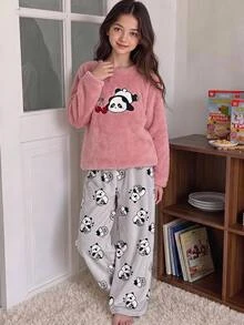 SHEIN Tween女孩可愛熊貓刺繡印花長袖褲子，保暖內裡加厚舒適居家服 - 彩色 - 查看 3