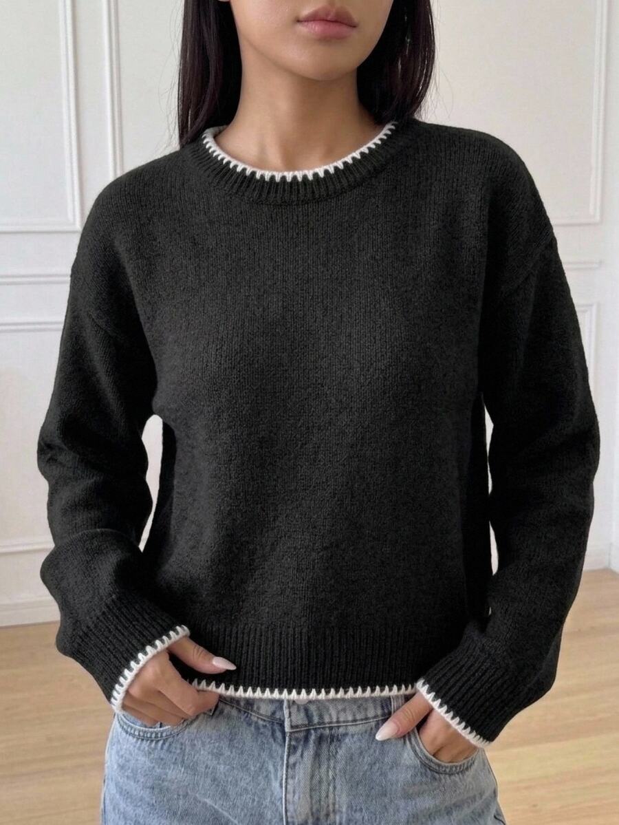 Teen Girls Long Sleeve Black And White Striped Crew Neck Pullover Sweater Suitable For Spring Autumn Winter Sixth Form Prom Cute - Black and White - View 1