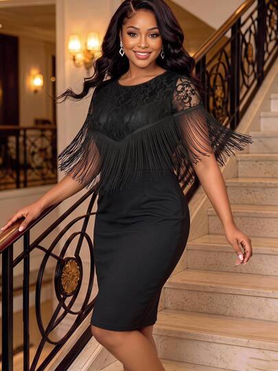 Fleurora Plus Size Elegant Formal Luxury Tassel Decor Dress For Evening Party Cocktail Formal Halloween Black Fall Chic Evening Dress Elegant Party Dresses