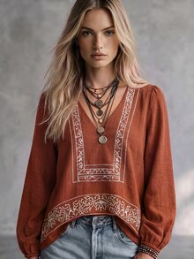 SHEIN ملابس علوية عصرية بياقة على شكل حرف V مطرزة كاجوال للعطلات بأكمام طويلة - عنابي اللون - مشاهدة 1