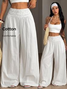 Coolane Women's Fall/Winter Streetwear Casual Vacation Boho Daily Wear Washed Cotton Textured Contrast Lace White Wide Leg Pants - White - View 1