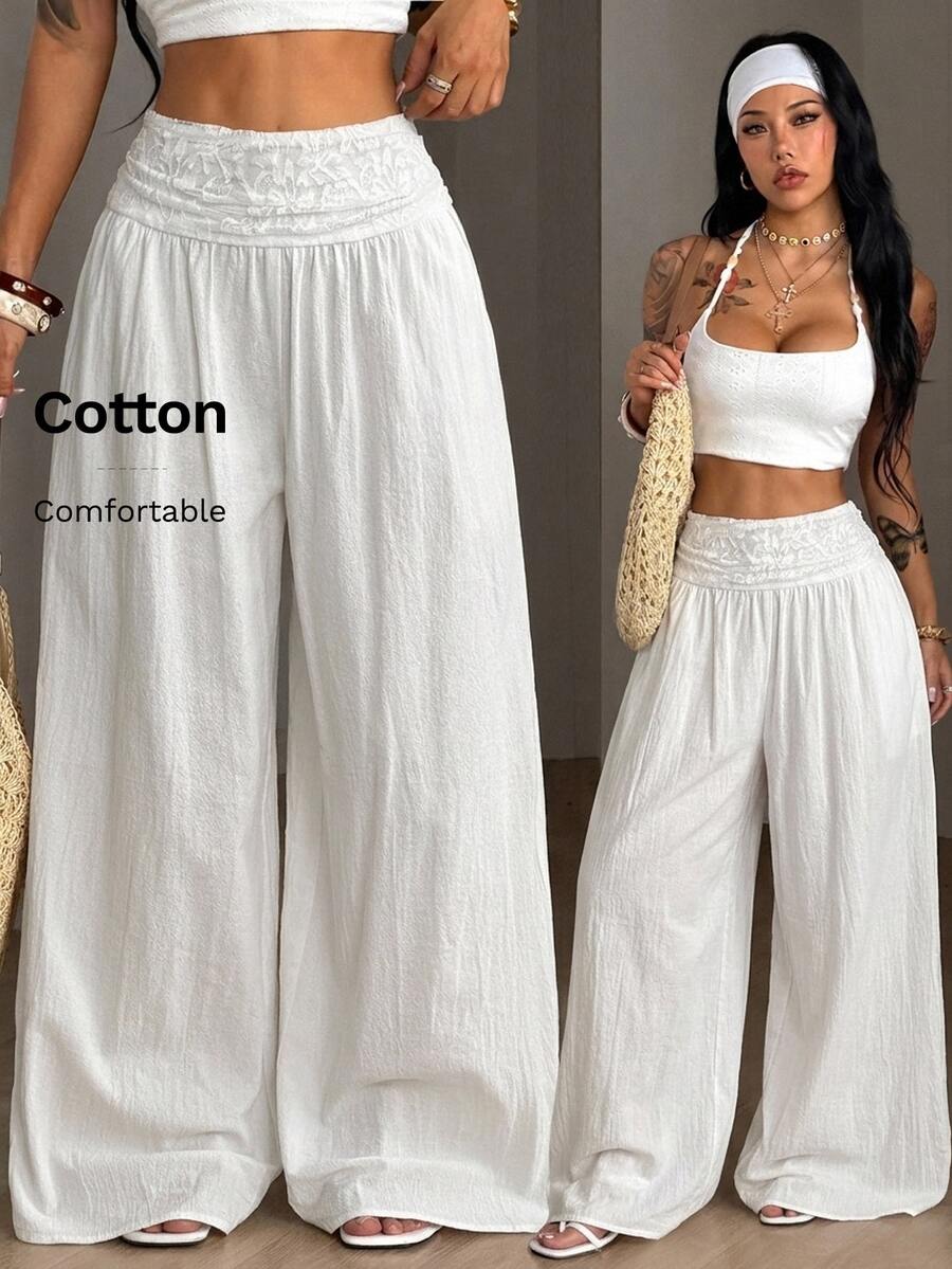 Coolane Women's Fall/Winter Streetwear Casual Vacation Boho Daily Wear Washed Cotton Textured Contrast Lace White Wide Leg Pants - White - View 1