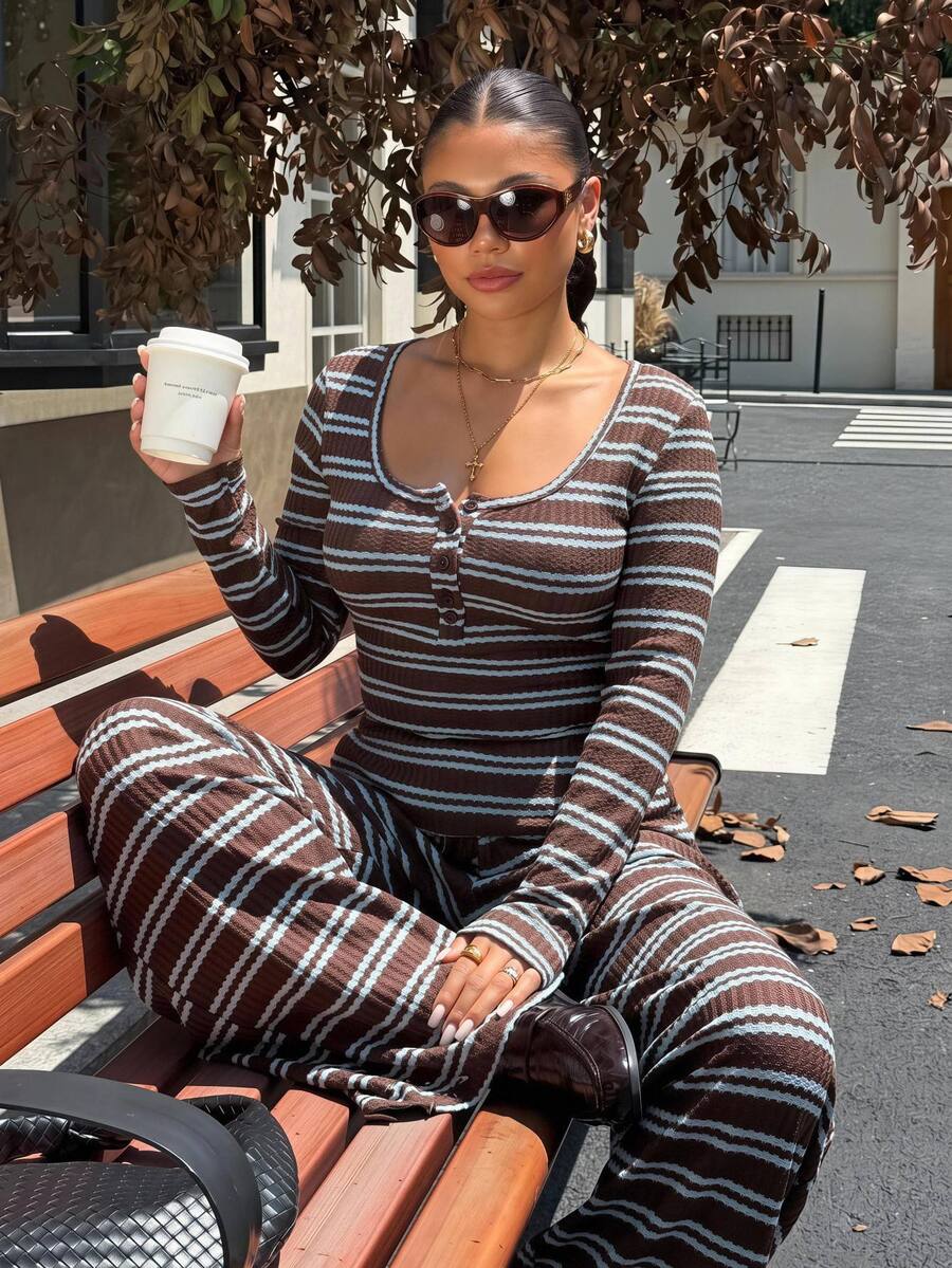 Muchica Plus Size Women's Button Design Striped Long Sleeve T-Shirt And Wide Leg Pants Casual 2 Pieces Set - Multicolor - View 1