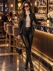 Editum Women's Solid Color PU Leather Fashion Versatile Daily Casual Long Sleeve Jacket - Black - View 3