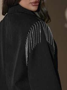 SHEIN BAE Women's Elegant Luxury Button Rhinestone Tassel Decor Blazer - Black - View 8
