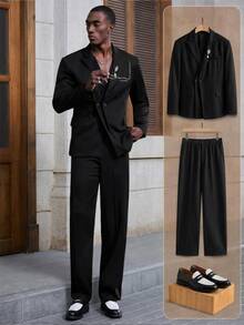 Mainfolk Men's Elegant Button Long Sleeve Jacket And Trousers Suit Set Wedding Winter Party Formal Evening Party Autumn Black Halloween - Black - View 11