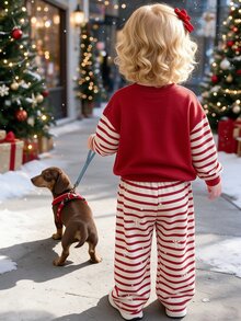 Young Girl Santa Claus Striped Crew Neck Long Sleeve Sweatshirt And Pants Casual Set - Multicolor - View 2