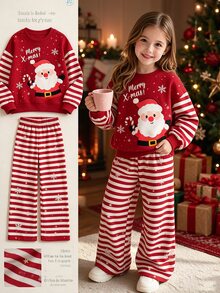 Young Girl Santa Claus Striped Crew Neck Long Sleeve Sweatshirt And Pants Casual Set - Multicolor - View 1