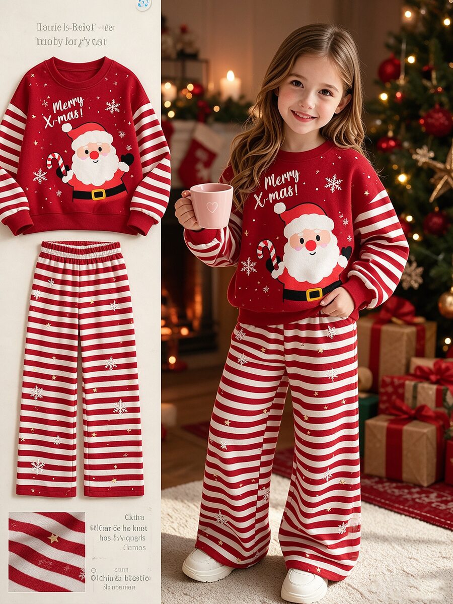 Young Girl Santa Claus Striped Crew Neck Long Sleeve Sweatshirt And Pants Casual Set - Multicolor - View 1