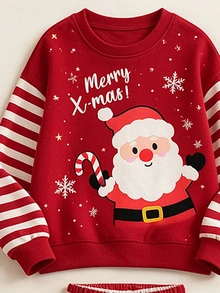 Young Girl Santa Claus Striped Crew Neck Long Sleeve Sweatshirt And Pants Casual Set - Multicolor - View 5