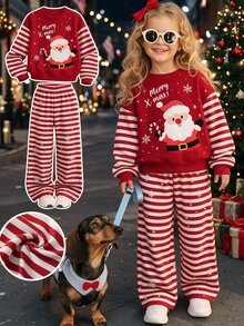 Young Girl Santa Claus Striped Crew Neck Long Sleeve Sweatshirt And Pants Casual Set - Multicolor - View 3