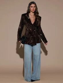 SHEIN BAE Áo blazer nữ đính sequin thời trang đa năng đi làm và du lịch - màu nâu - Xem 4