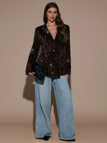 SHEIN BAE Áo blazer nữ đính sequin thời trang đa năng đi làm và du lịch - màu nâu - Xem 3