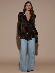 SHEIN BAE Áo blazer nữ đính sequin thời trang đa năng đi làm và du lịch - màu nâu - Xem 8