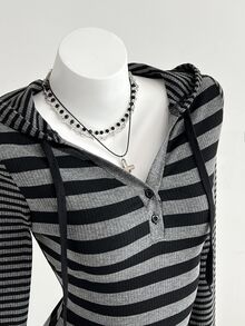 Elamini Women's Retro Black & Gray Striped Hooded Long Sleeve T-Shirt - Multicolor - View 5