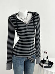 Elamini Women's Retro Black & Gray Striped Hooded Long Sleeve T-Shirt - Multicolor - View 3