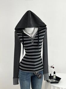 Elamini Women's Retro Black & Gray Striped Hooded Long Sleeve T-Shirt - Multicolor - View 7