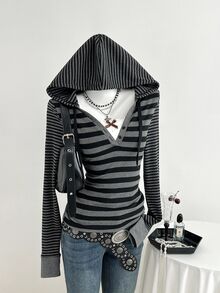 Elamini Women's Retro Black & Gray Striped Hooded Long Sleeve T-Shirt - Multicolor - View 2