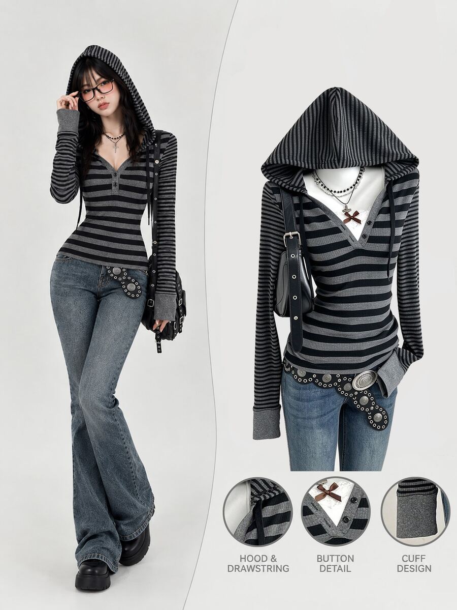 Elamini Women's Retro Black & Gray Striped Hooded Long Sleeve T-Shirt - Multicolor - View 1