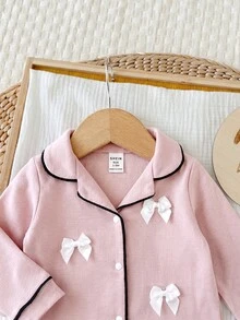 SHEIN Newborn Baby Girl Bowknot Pink Knitted Romper Loungewear - Pink - View 8