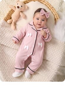 SHEIN Newborn Baby Girl Bowknot Pink Knitted Romper Loungewear - Pink - View 3
