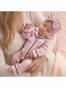 SHEIN Newborn Baby Girl Bowknot Pink Knitted Romper Loungewear - Pink - View 4