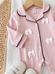 SHEIN Newborn Baby Girl Bowknot Pink Knitted Romper Loungewear - Pink - View 5