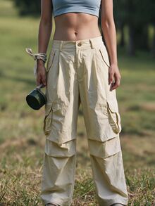 WanderVale Women's Solid Color Casual Versatile Daily Wear Cargo Hiking Pants - Apricot - View 2