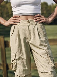 WanderVale Women's Solid Color Casual Versatile Daily Wear Cargo Hiking Pants - Apricot - View 10