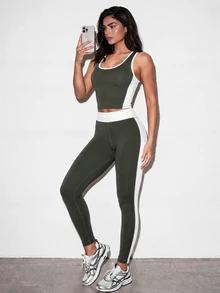 WanderVale Women's Colorblock Cropped Top And Leggings Casual Daily Outdoor Sports Set - Army Green - View 3