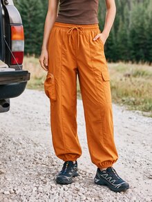 WanderVale Women's Solid Color Drawstring Waist Cargo Pocket Cuffed Outdoor Long Pants - Orange - View 6