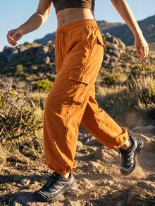 WanderVale Women's Solid Color Drawstring Waist Cargo Pocket Cuffed Outdoor Long Pants - Orange - View 10