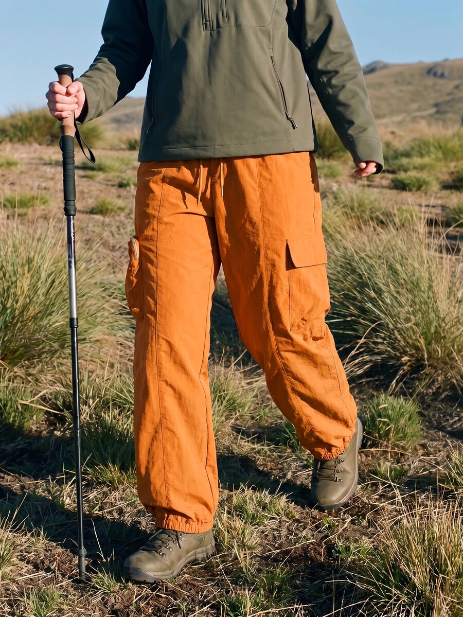 WanderVale Women's Solid Color Drawstring Waist Cargo Pocket Cuffed Outdoor Long Pants - Orange - View 1