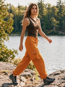 WanderVale Women's Solid Color Drawstring Waist Cargo Pocket Cuffed Outdoor Long Pants - Orange - View 11