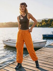 WanderVale Women's Solid Color Drawstring Waist Cargo Pocket Cuffed Outdoor Long Pants - Orange - View 8