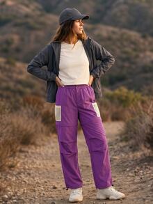 WanderVale Women's Minimalist Fashion Multi-Pocket Elastic Waist Hiking Pants Suitable For Outdoor Sports - Purple - View 2