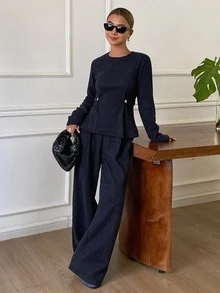 Livesso Women's Casual Smart Casual Elegant Commute Office Brunch Solid Color Top And Pants 2 Pieces Set Fall Navy Blue - Navy Blue - View 6