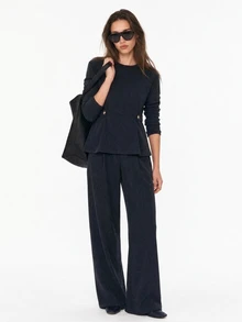 Livesso Women's Casual Smart Casual Elegant Commute Office Brunch Solid Color Top And Pants 2 Pieces Set Fall Navy Blue - Navy Blue - View 7