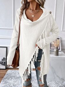 EMERY ROSE Women Fringe Trim Draped Collar Wrap Cardigan Asymmetrical Sweater,Off-White Autumn Boho Everyday Long Sleeve Tassel Top Fall Winter Sweaters Dresses - White - View 6