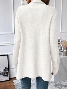 EMERY ROSE Women Fringe Trim Draped Collar Wrap Cardigan Asymmetrical Sweater,Off-White Autumn Boho Everyday Long Sleeve Tassel Top Fall Winter Sweaters Dresses - White - View 2
