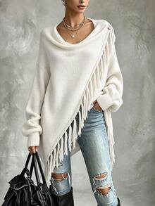 EMERY ROSE Women Fringe Trim Draped Collar Wrap Cardigan Asymmetrical Sweater,Off-White Autumn Boho Everyday Long Sleeve Tassel Top Fall Winter Sweaters Dresses - White - View 1