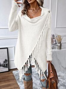 EMERY ROSE Women Fringe Trim Draped Collar Wrap Cardigan Asymmetrical Sweater,Off-White Autumn Boho Everyday Long Sleeve Tassel Top Fall Winter Sweaters Dresses - White - View 7