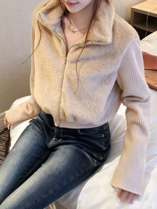 FRIFUL Women's Solid Color Long Sleeve Patchwork Fur Trim Zipper Front Jacket Fall - White - View 1