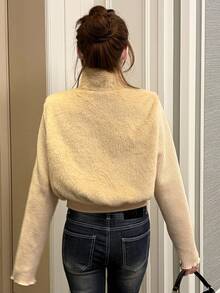 FRIFUL Women's Solid Color Long Sleeve Patchwork Fur Trim Zipper Front Jacket Fall - White - View 2